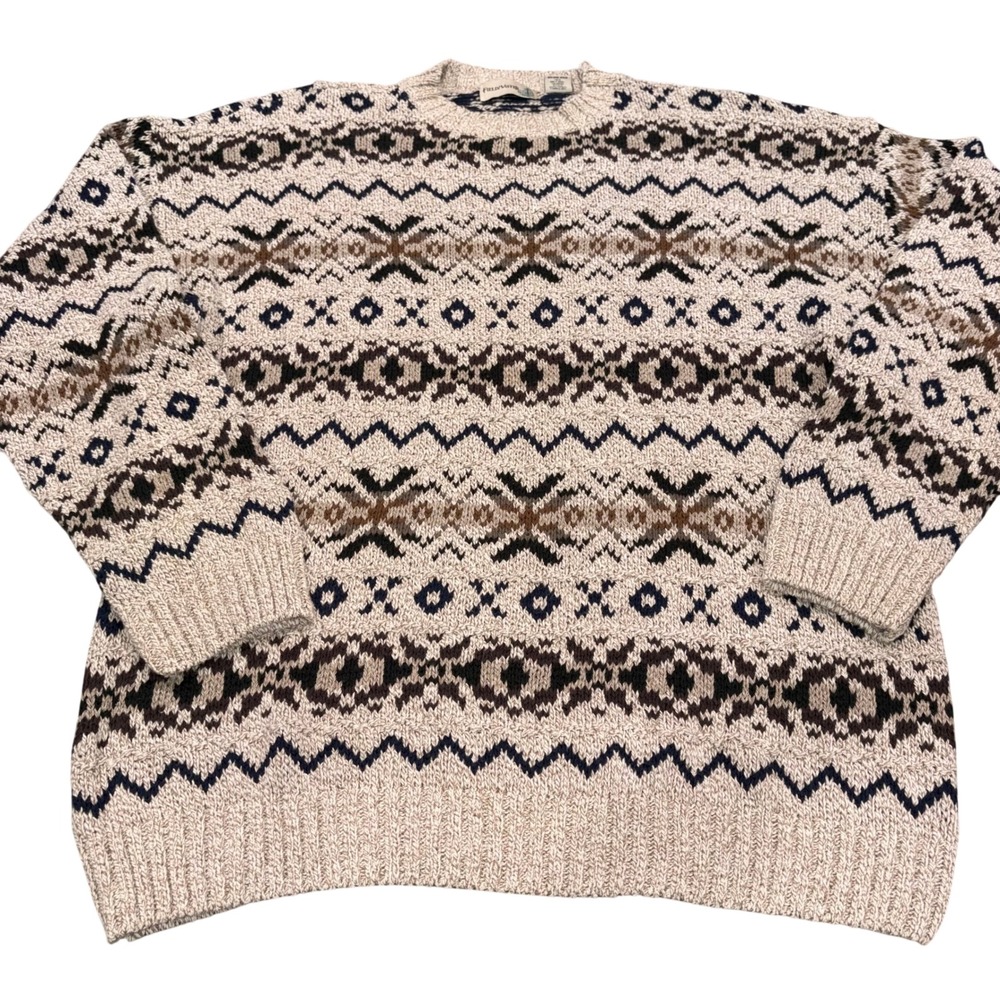 Vintage Grandpa Sweater Fair Isle Fieldmaster Knit Mens XLT Tan Brown Navy